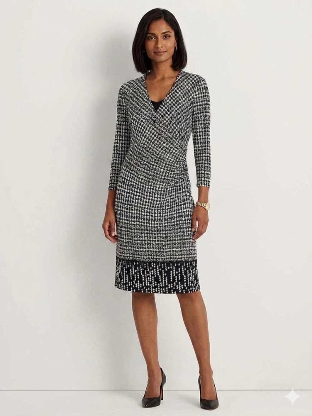 Lauren Ralph Lauren Houndstooth Wrap Dress Black White Autumn Workwear Sz 6